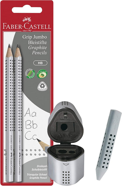 Faber-Castell 111992 - Pencil Jumbo Grip HB (2 pencils Jumbo + eraser + sharpener) (with sharpener + eraser, silver, 4 pencils)
