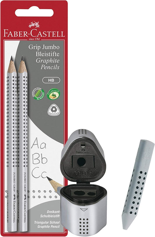 Faber-Castell 111992 - Pencil Jumbo Grip HB (2 pencils Jumbo + eraser + sharpener) (with sharpener + eraser, silver, 4 pencils)