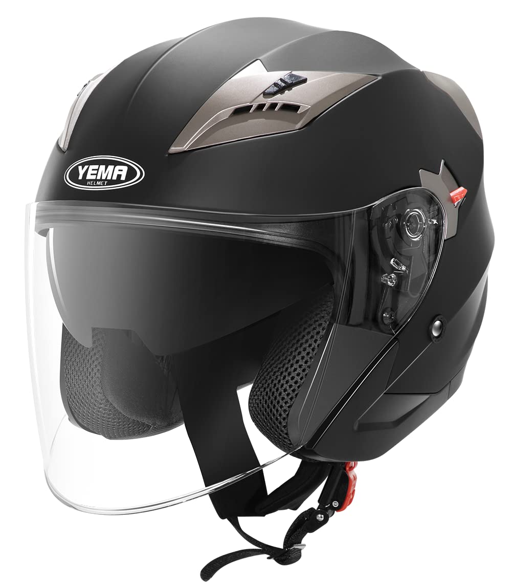 Jethelm, scooter helmet, crash helmet, chopper helmet - YEMA YM-627 motorcycle helmet ECE with double visor sun visor for women men adults-Black Matt-XL