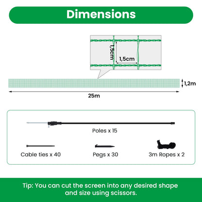 WOLTU Poultry Net, Mobile Fence 25x1.2m close-meshed, Dog Fence Garden Fence Post Fence Camping Fence Barrier Fence, with 15 stakes winch ropes ground nails cable ties, Green