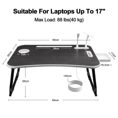 AirOpen laptop table for bed, foldable bed table with 4 USB charging ports, drawer, tablet stand, cup holder, carrying handle, laptop desk for bed, sofa, couch, floor (60 x 40 cm, black)