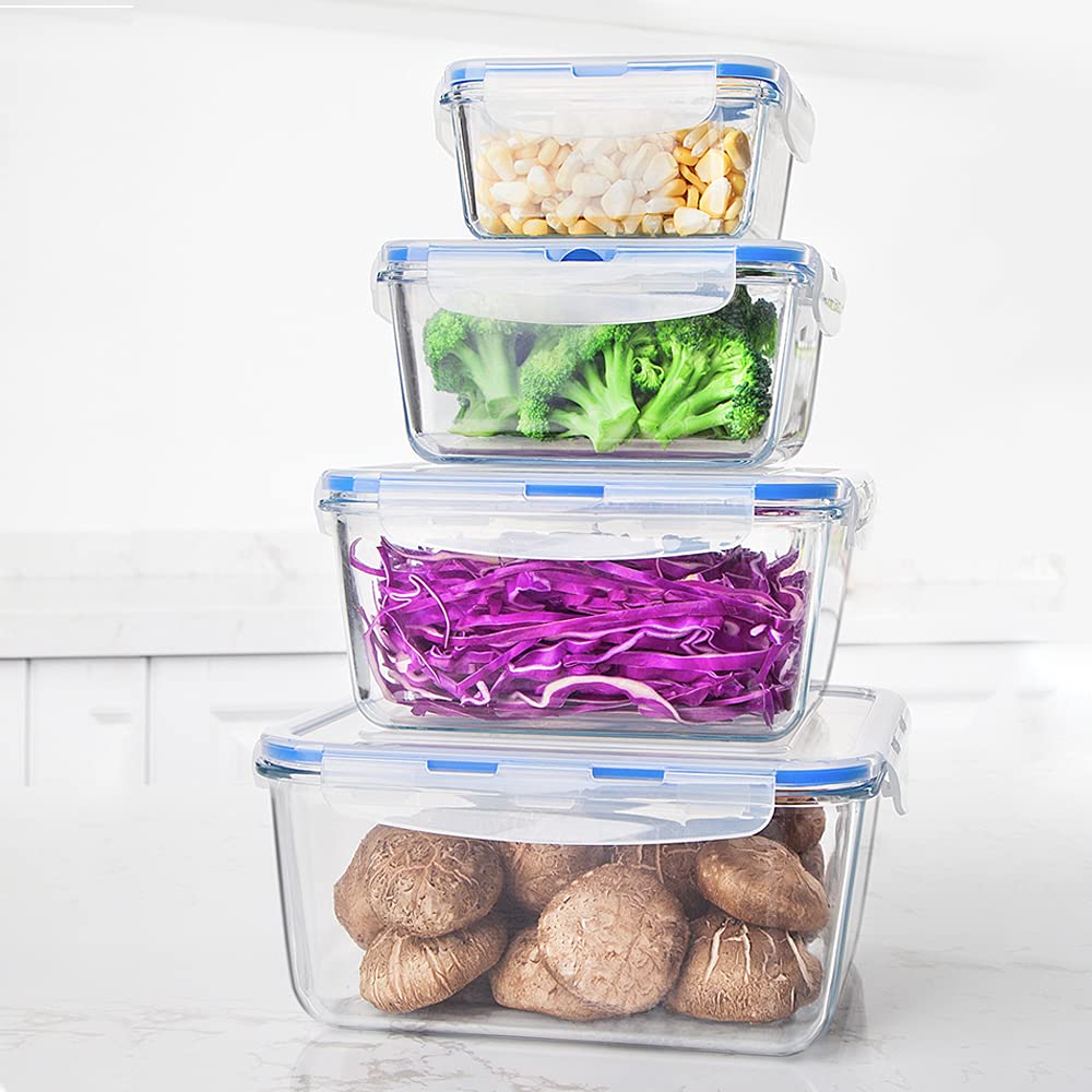 HUSANMP 4-piece set extra-large glass food storage containers with lids, glass containers with lids, glass storage containers, BPA-free.