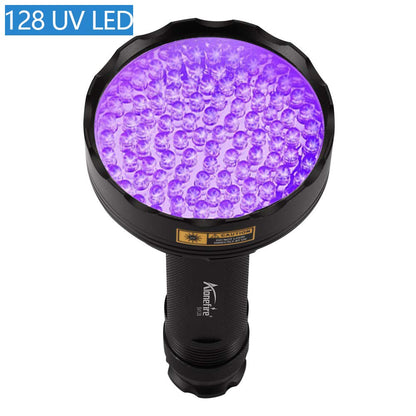 Alonefire SV128 395nm UV flashlight 128 LED blacklight flashlight for scorpion, pet urine detector, dry stain, carpet, floor with UV-protection glasses, 6 x AA batteries included.