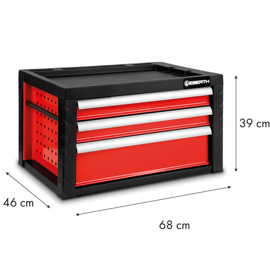 EBERTH Empty Tool Box, Metal Tool Cabinet with 3 drawers, ball-bearing telescopic rails, full extension, lockable tool box with 2 keys, red powder-coated tool chest.