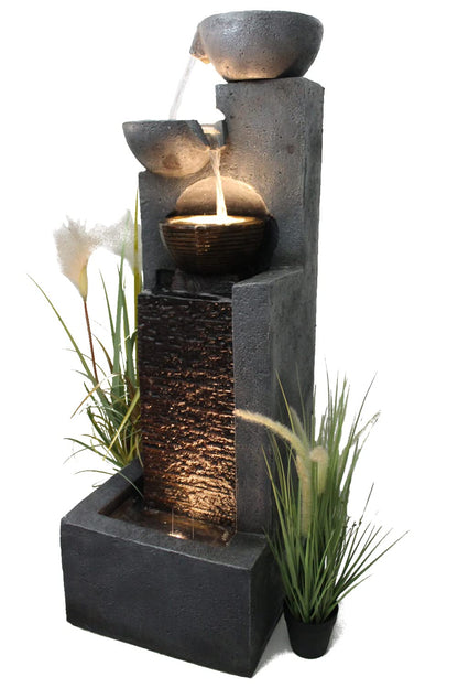 Arnusa Large Garden Fountain with LED Lighting, Cascade Water Feature, Garden Decoration, Black, Gray