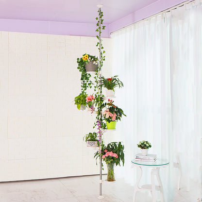 BAOYOUNI 7-Layer Telescopic Flower Rack Plant Stand Indoor Plant Stand Tension Pole Metal Flower Display Rack Space Saver Corner Floral Pot Hanger Shelf, Ivory