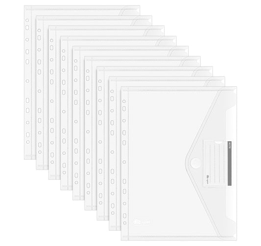 Agoer 48 Piece A4 Document Wallet with Velcro Fastening, [Wider Sizes] A4 Filing Folder, A4 Clear Pocket with 11 Hole Edge for Organizing Documents with Label Pocket.