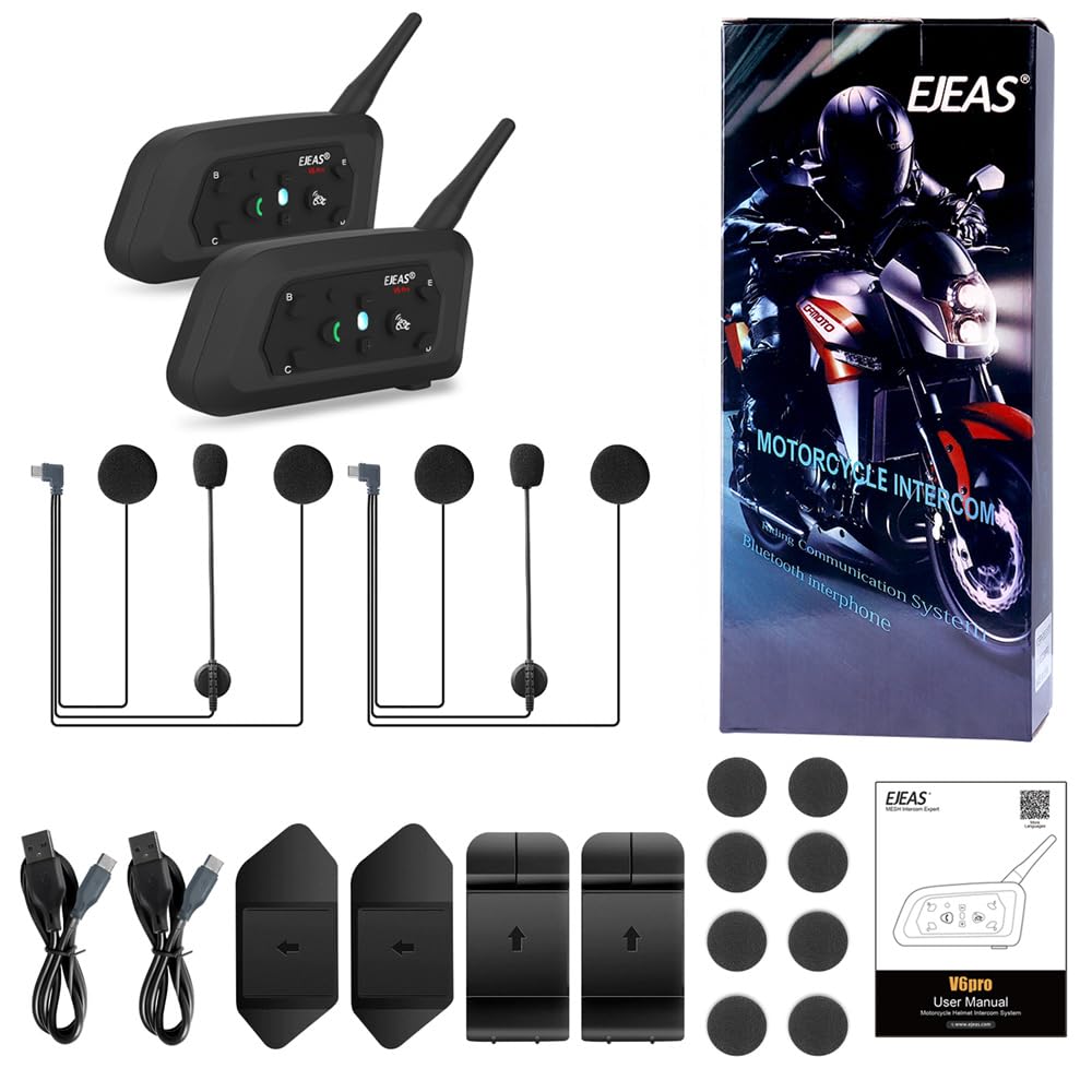 EJEAS VNETPHONE V6 Motorcycle Intercom Bluetooth Headsets 1200m up to 6 Riders DSP Noise Reduction, Waterproof, Communication System for Motorcycles, 2 Pieces.