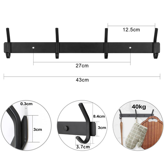 Qiannhee 43CM Black Hook Rack Up to 40KG Heavy Duty Stainless Steel Wall-Mounted Coat Rack 4 Hooks Coat Hooks Children for Bathroom Kitchen Jackets Entryway, 2 Pieces