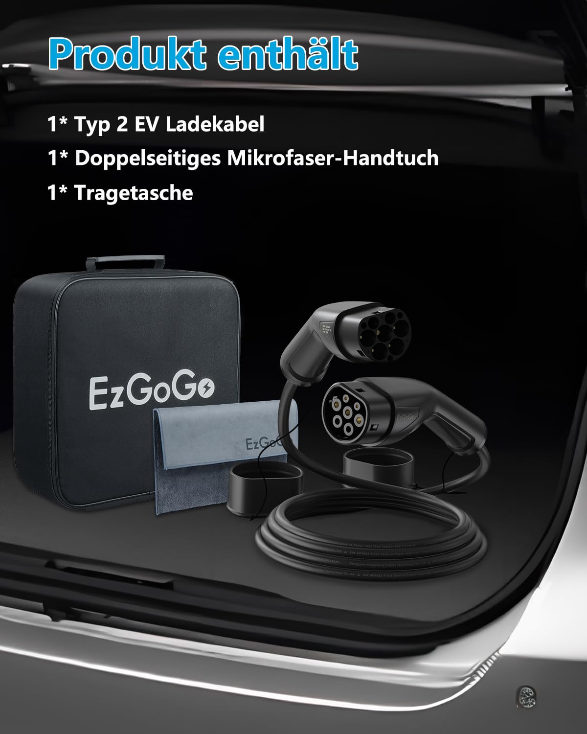 EzGoGo Type 2 charging cable, 22 kW / 32A / 3-phase / 10 meters / Mode 3, Type 2 to Type 2 EV charging cable for electric vehicles with carrying case and microfiber cloth.