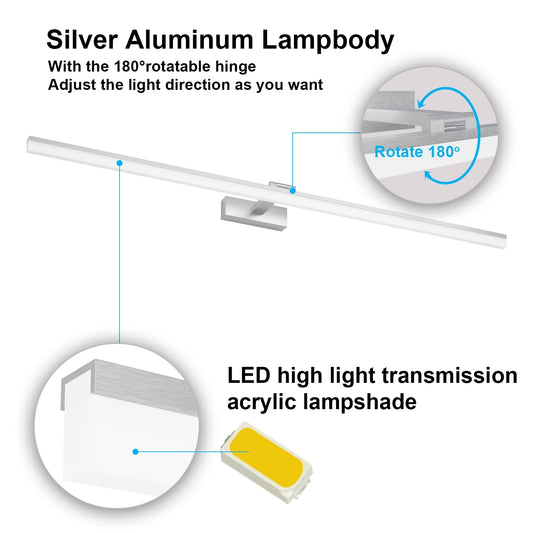 Klighten LED Mirror Light Bathroom 32W 1820LM Cool White 6000K, 180° Rotation, IP44 Waterproof Mirror Lamp Bathroom, Non-dimmable Bathroom Light Wall Lighting 120CM (Silver)