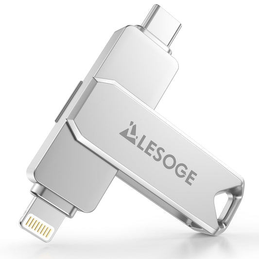 LESOGE MFi-Certified 128GB USB C Stick, Mini USB Stick for Saving Photos on Phones, 3 in 1 USB C and 3.0 Stick, External Storage for Photos and Videos, Photo Stick for iPhone/iPad/Android/PC/Mac (Silver)