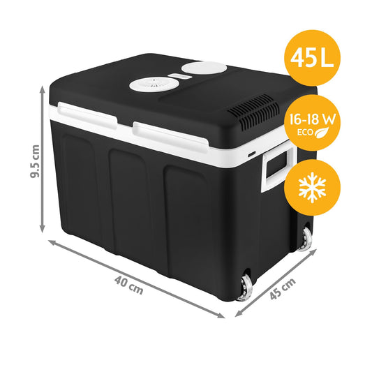 First Austria TZS - 45L electric cooler box with 12V and 230V connection for car and socket. Thermoelectric cool box cools and warms, with wheels for easy transport. Ideal for camping, festivals, and travel. Black color.
