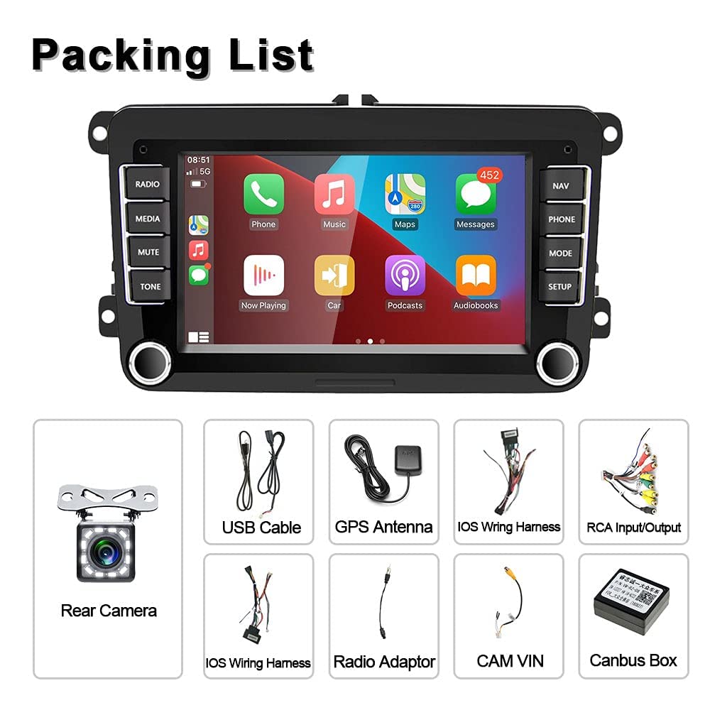 CAMECHO Android 13 car radio with Carplay for VW Golf 5 Golf 6 Polo Tiguan, 7-inch screen Double Din radio with navigation/Android Auto/FM RDS/Bluetooth/HiFi and USB + rearview camera