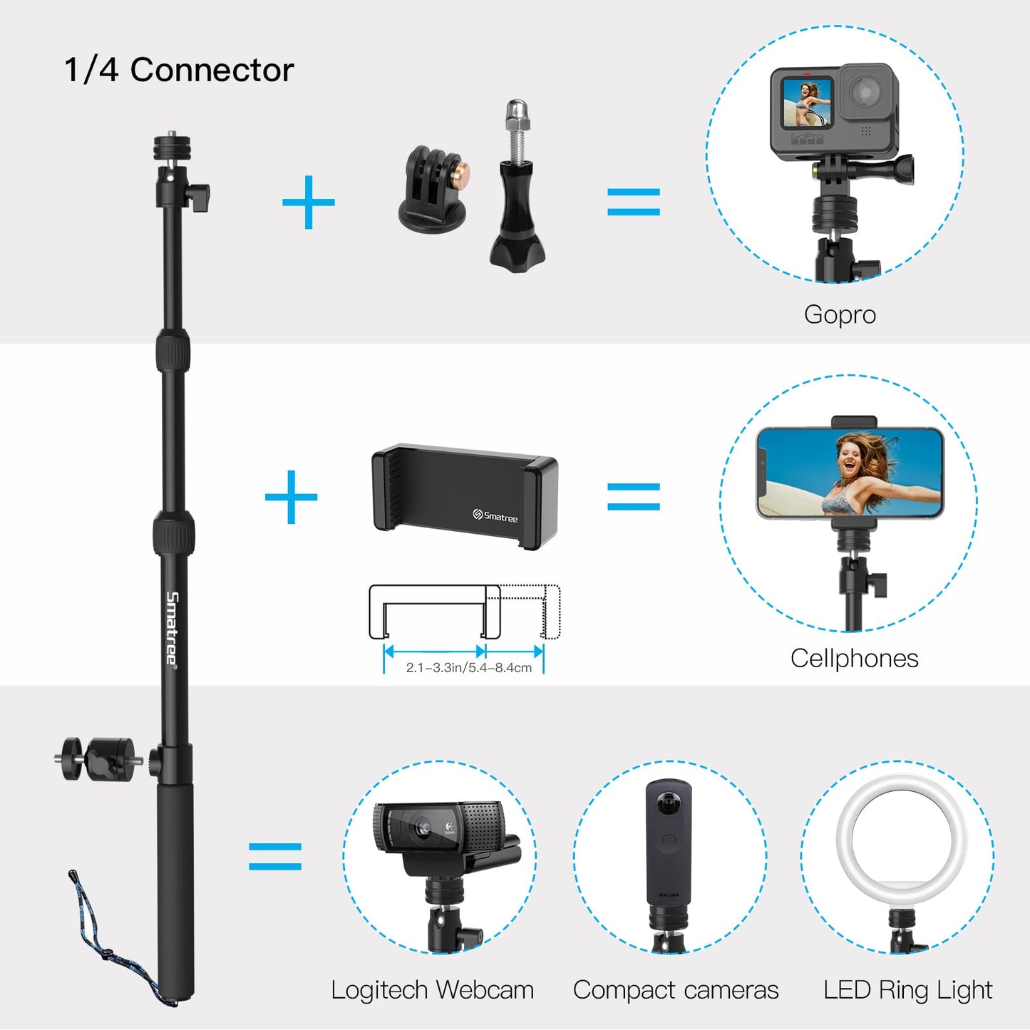 Smatree DS11S telescopic pole made of aluminum alloy, selfie stick, compatible with GoPro Hero 13/12/11/10/9/8/7/6/5/4/3/2/1, DJI Osmo, and other action cameras with 1/4" thread (15.8"-40.5")