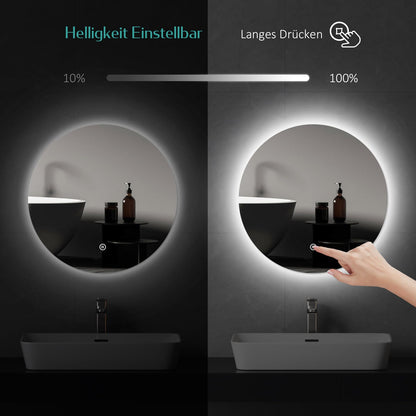 EMKE LED Bathroom Mirror with Lighting, 60cm diameter, dimmable cool white light 6500K, storage function, touch switch, energy-saving IP44 rated.
