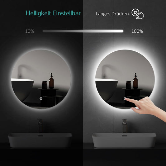 EMKE LED Bathroom Mirror with Lighting, 60cm diameter, dimmable cool white light 6500K, storage function, touch switch, energy-saving IP44 rated.