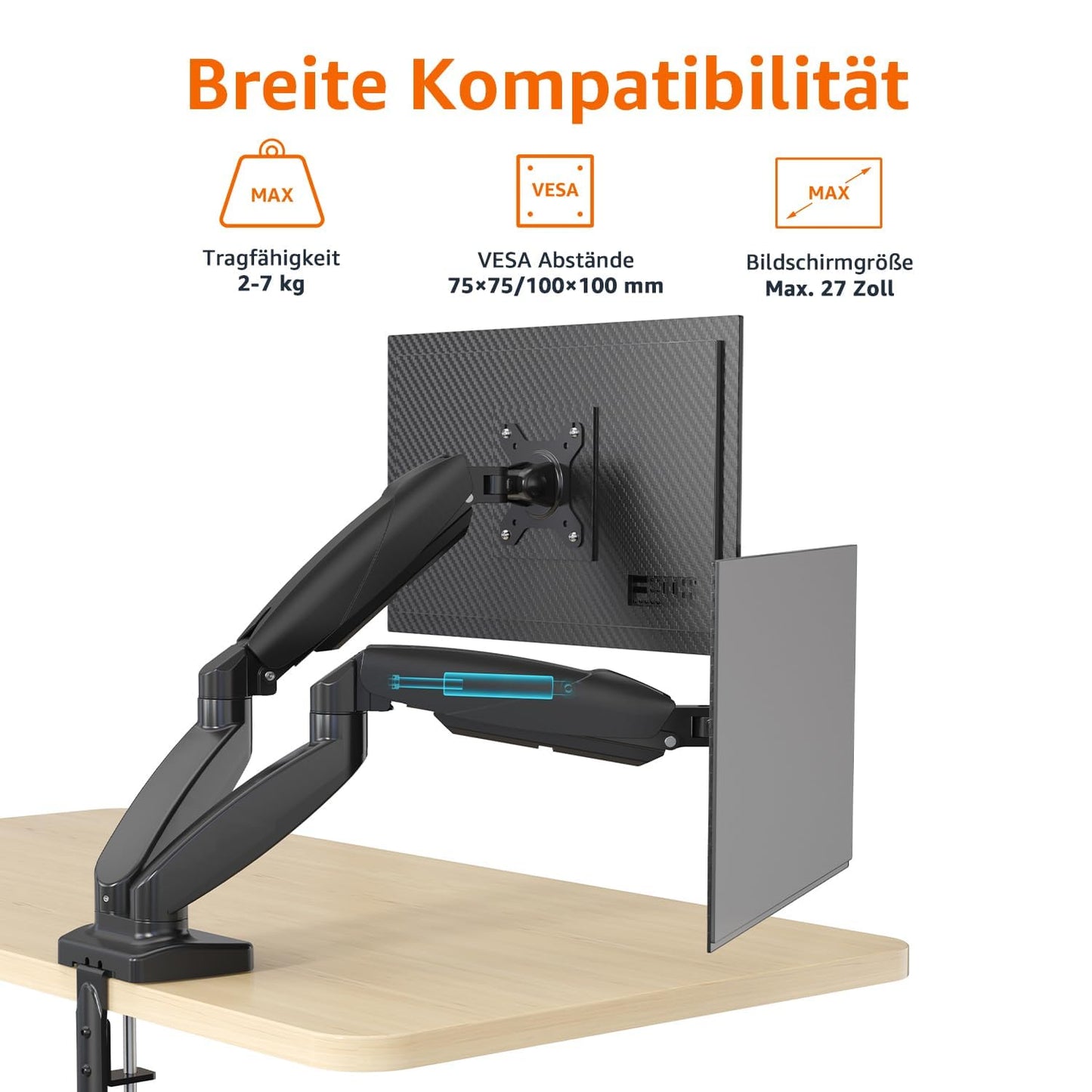 Amazon Basics dual monitor desk mount, gas spring monitor arm, adjustable, for monitors up to 27 inches (68.6 cm) in size, Black