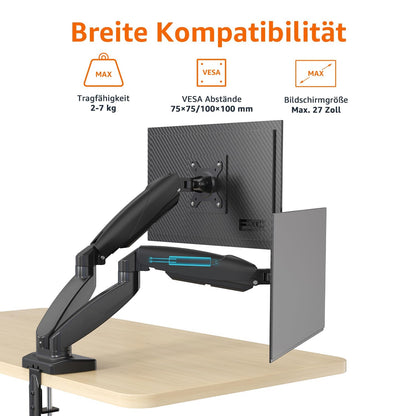 Amazon Basics dual monitor desk mount, gas spring monitor arm, adjustable, for monitors up to 27 inches (68.6 cm) in size, Black