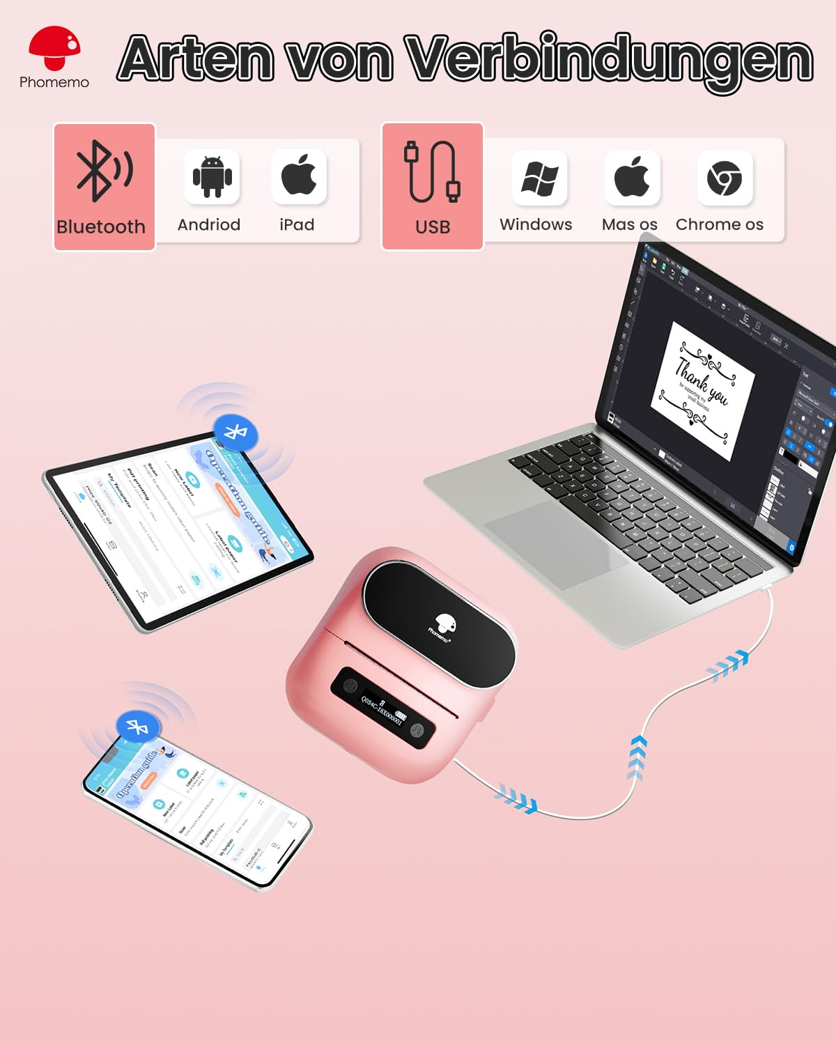 Phomemo M220 Label Printer Self-Adhesive Labeling Machine Thermal Printer Bluetooth Portable Labeler for Addresses, Mailing, Small Businesses, compatible with Phone and PC with 3 Rolls, Pink