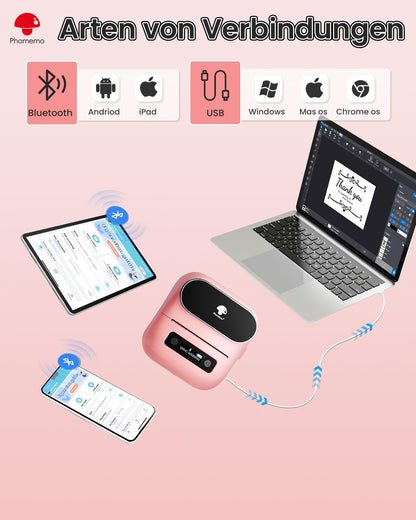 Phomemo M220 Label Printer Self-Adhesive Labeling Machine Thermal Printer Bluetooth Portable Labeler for Addresses, Mailing, Small Businesses, compatible with Phone and PC with 3 Rolls, Pink