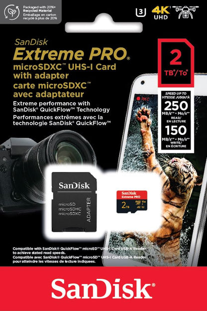 SanDisk Extreme PRO microSDXC UHS-I Memory Card 2TB + SD Adapter & RescuePRO Deluxe (For smartphones, action cameras, or drones, transfer speeds up to 250 MB/s, 5K, 4K UHD, A2, Class 10, U3, V30)