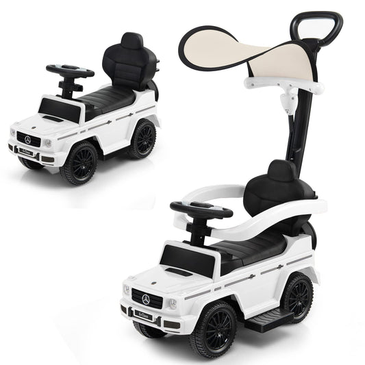 COSTWAY Mercedes Benz Ride-on car, 3 in 1 push car with sun canopy & storage space & removable safety bar & pushing handle, ride-on vehicle with motor sound & horn, for children aged 1 year and up (White)