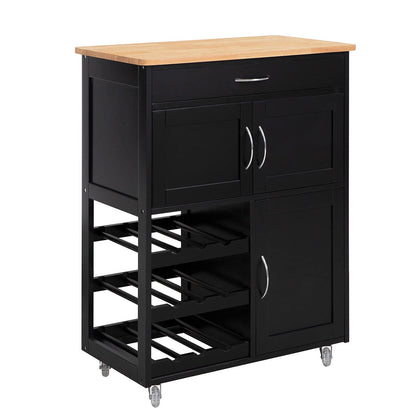 SoBuy kitchen trolley with wheels, kitchen cart with worktop, rolling cart with drawers, wine rack, kitchen island, standing kitchen shelf furniture for kitchen, dining room, and outdoor. Black 67x86x38cm FKW45-SCH.