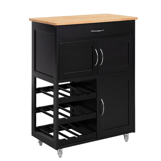 SoBuy kitchen trolley with wheels, kitchen cart with worktop, rolling cart with drawers, wine rack, kitchen island, standing kitchen shelf furniture for kitchen, dining room, and outdoor. Black 67x86x38cm FKW45-SCH.