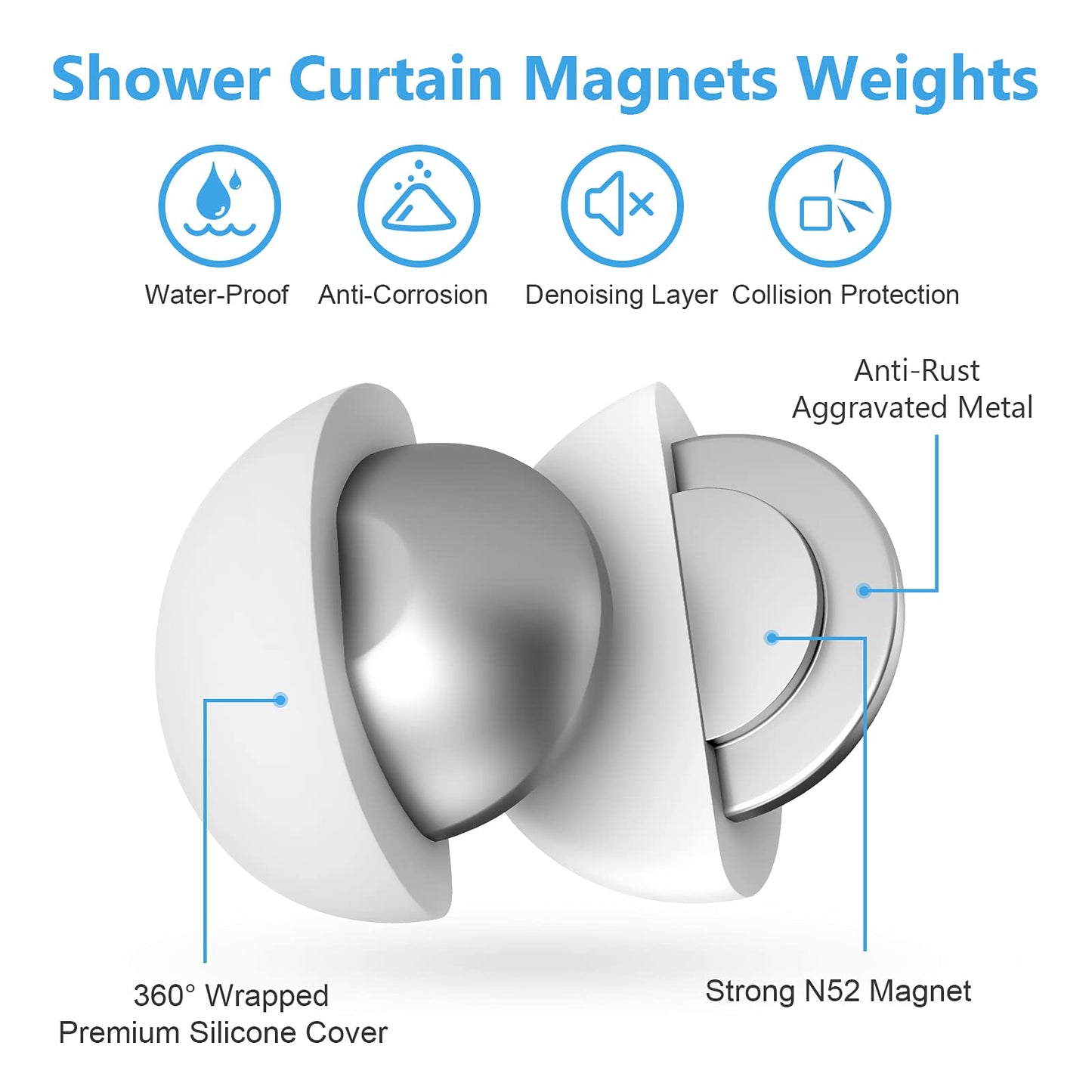 VANZAVANZU Shower Curtain Weights, Rustproof, Shower Curtain Magnets with Silicone Coating to Prevent Blowing Away in the Wind.