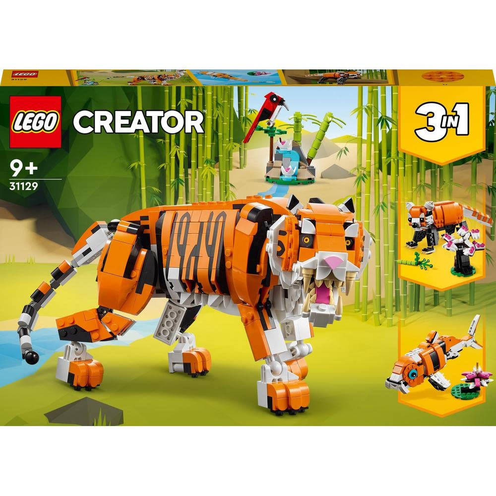 LEGO 31129 Creator Majestic Tiger, Panda or Fish & 31088 Creator Deep Sea Creatures, toy with sea animal figures: Shark, Crab, Squid, and Anglerfish, set for kids ages 7+.