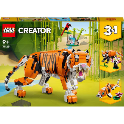 LEGO 31129 Creator Majestic Tiger, Panda or Fish & 31088 Creator Deep Sea Creatures, toy with sea animal figures: Shark, Crab, Squid, and Anglerfish, set for kids ages 7+.