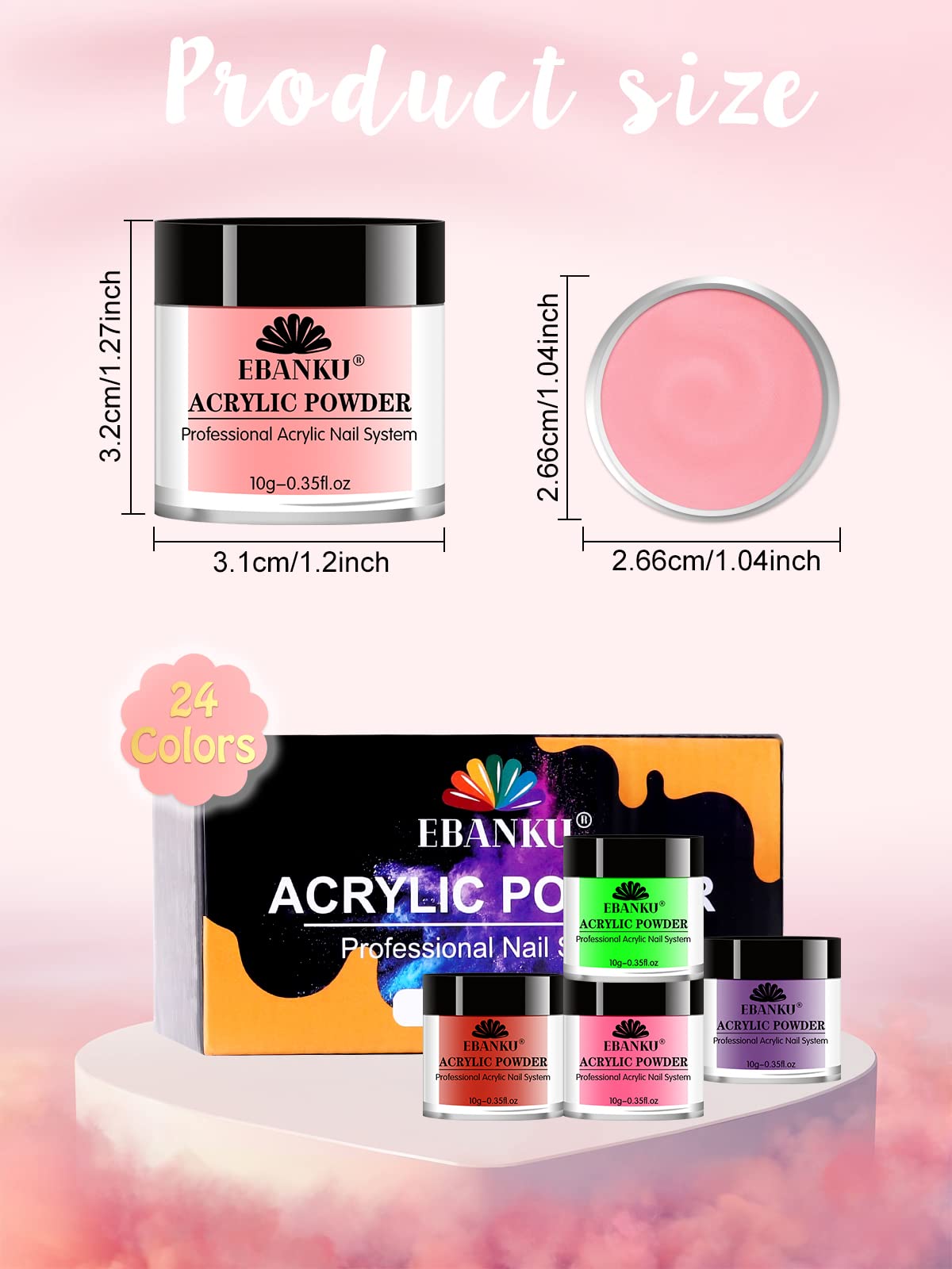 EBANKU acrylic powder set, 24 colors of professional acrylic nail powder for nail acrylic extension, nail carving, durable, no nail lamp required.