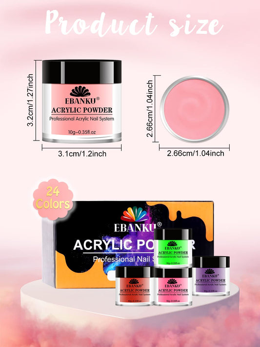 EBANKU acrylic powder set, 24 colors of professional acrylic nail powder for nail acrylic extension, nail carving, durable, no nail lamp required.
