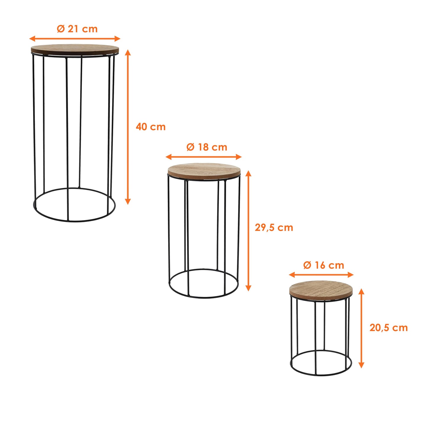 Wooden flower stool round 3-piece set - Ø 16/18 / 21 cm - Plant stand with metal frame - Flower column plant stand decorative stand side table