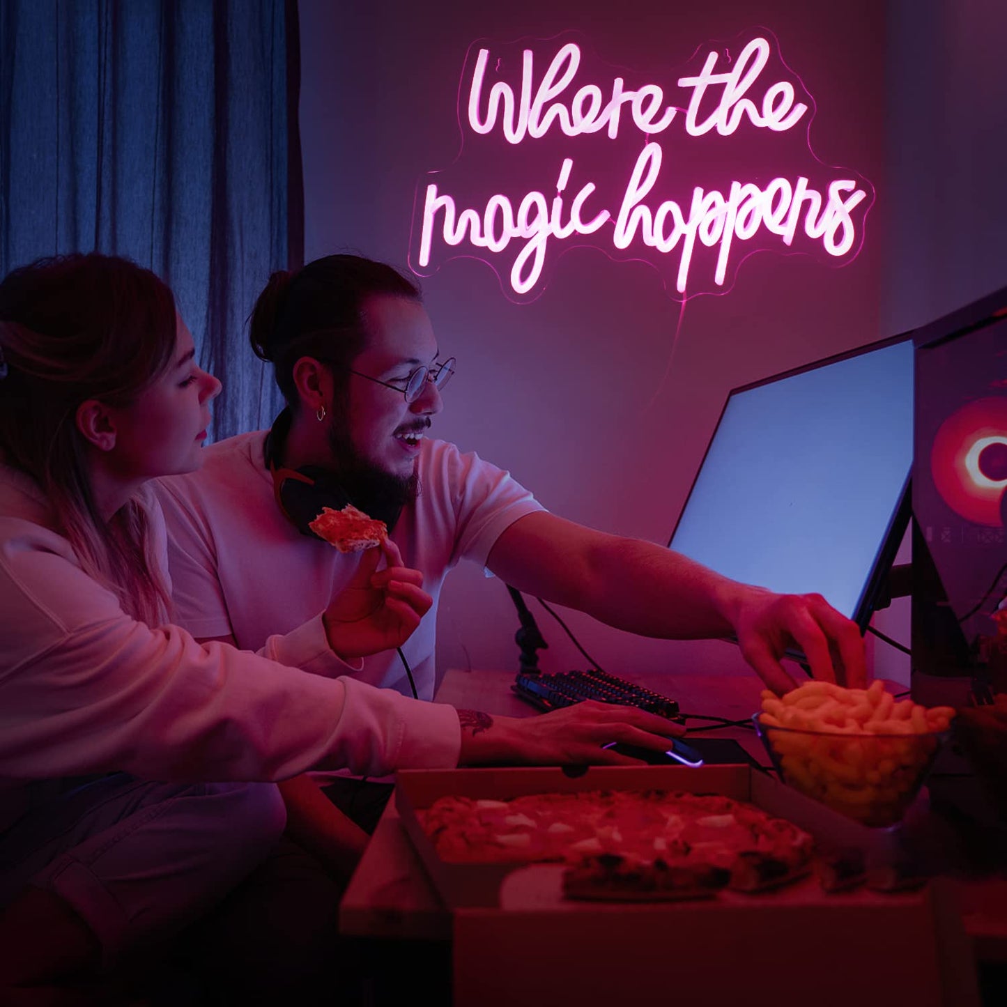 Where the Magic Happens LED Pink Neon Light Signboard for Wall, Acrylic Neon Sign for Bedroom, Wedding, Birthday, Party Decoration Sign.
