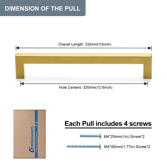 goldenwarm 5 pieces Furniture Handles Gold Drawer Handles Gold Kitchen Handles Brass Furniture Handles Stainless Steel Handles Gold Kitchen Handles 320mm Hole Spacing Kitchen Handles Gold