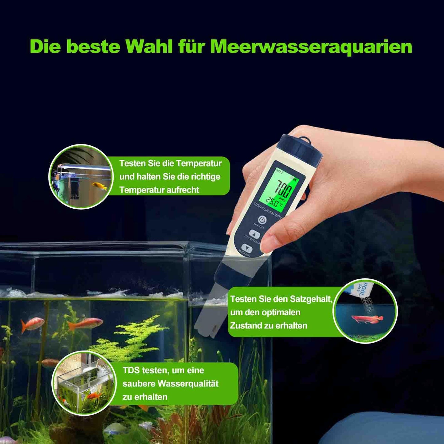 pH meter water, 5 in 1 pH/TDS/EC/Salinity/Thermometer tester with LCD display. Automatic temperature compensation, high precision for testing drinking water, pools.