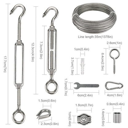 Stainless steel wire rope set with 60pcs, 35m/2mm steel rope for trellis with M5 turnbuckle, eye screw, wire rope clamps, aluminum rope clamps.