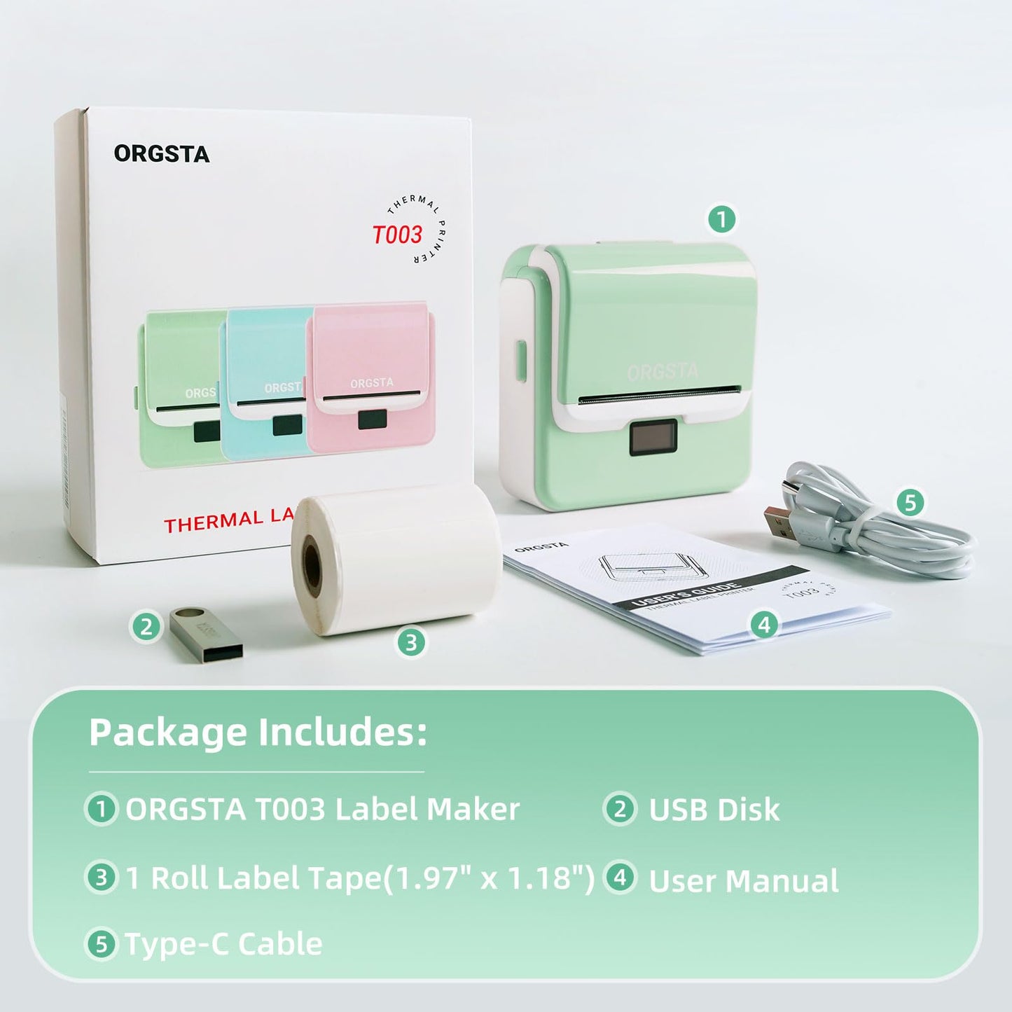 ORGSTA T003 label printer with self-adhesive labeler Bluetooth & USB 2200 mAh labeling machines 50 mm/s labeling device Label Printer Sticker Maker
