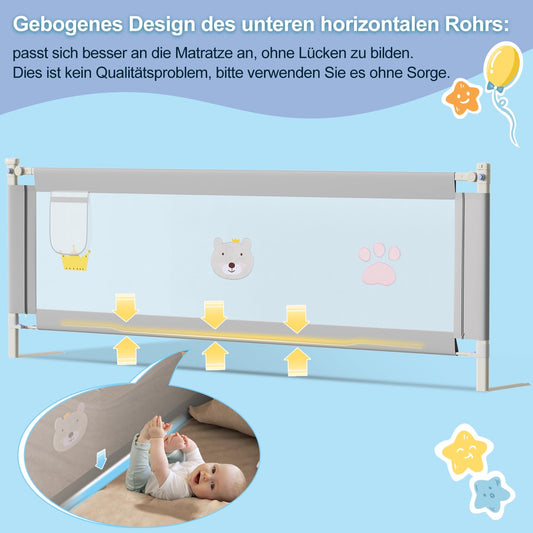Jopassy bed rail 200cm, height adjustable 70-98 cm, toddler bed guardrail, safety rail with pattern, stable construction, bed rail with mesh, gray