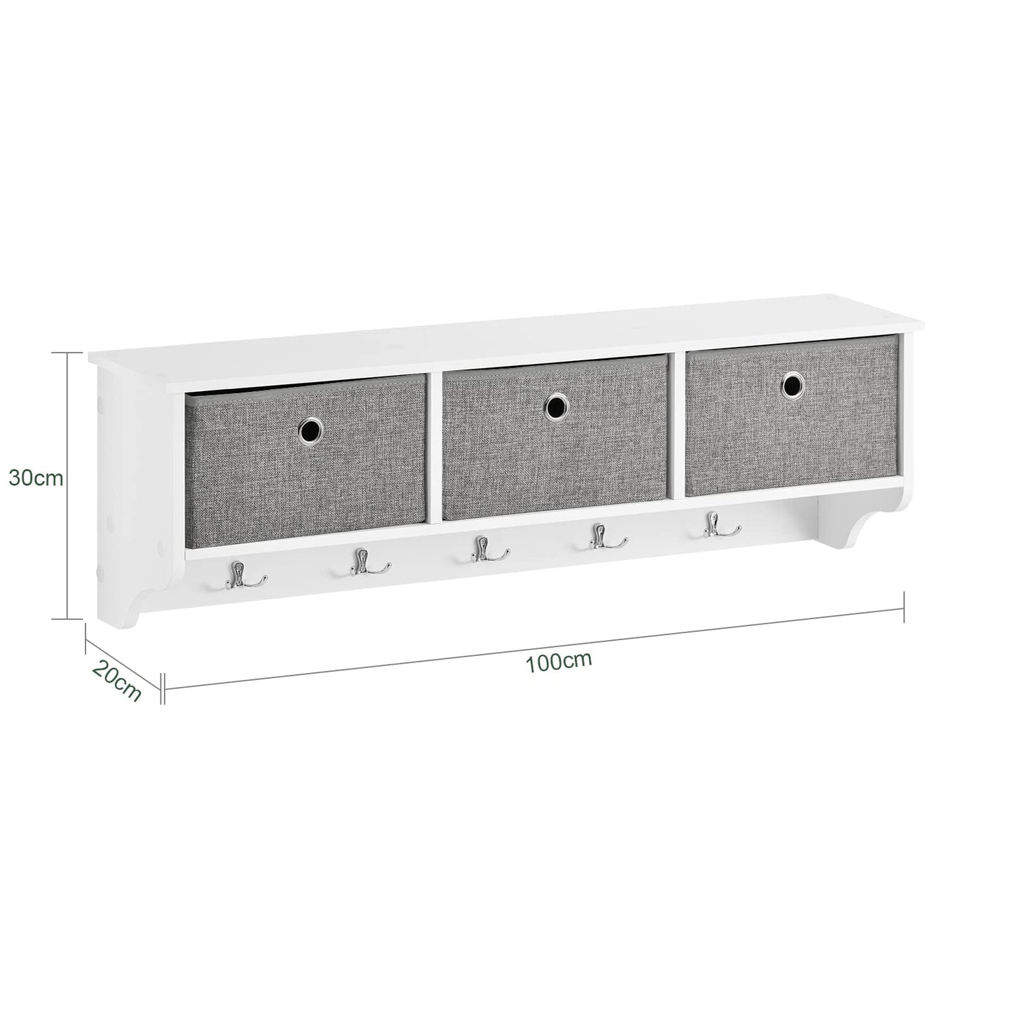 SoBuy wall coat rack hallway coat rack coat hooks wall shelf with 3 baskets and 5 hooks, wardrobe rail, hanging shelf for hallway, bedroom, bathroom, white dimensions approx. 100x31x20cm, FRG282-W