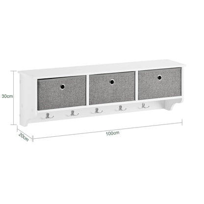 SoBuy wall coat rack hallway coat rack coat hooks wall shelf with 3 baskets and 5 hooks, wardrobe rail, hanging shelf for hallway, bedroom, bathroom, white dimensions approx. 100x31x20cm, FRG282-W