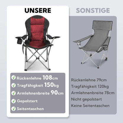 Homecall Camping Chair Foldable 150kg Load-bearing Camping Chair High-back 108cm with Lumbar Support, Padded Folding Camping Chair Fishing Chair Foldable for Garden Picnic (Red - 2 pieces)