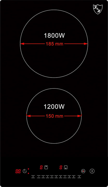 K&H Domino Glass Ceramic Cooktop VC-3002 [2 ZONES] - Hob 2 cooking fields Double - Cooktop 2 plates Independent - Double hotplate Built-in & freestanding - 30CM 3000 Watt - 9 power levels