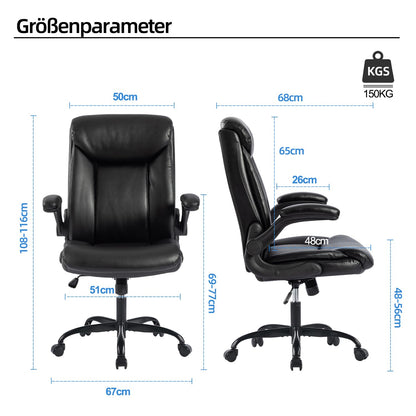 MZLEE Office Chair Ergonomic Desk Chair PU Leather Swivel Chair with Foldable Armrest, Height Adjustable, Comfortable for Office Home Gaming (Black)