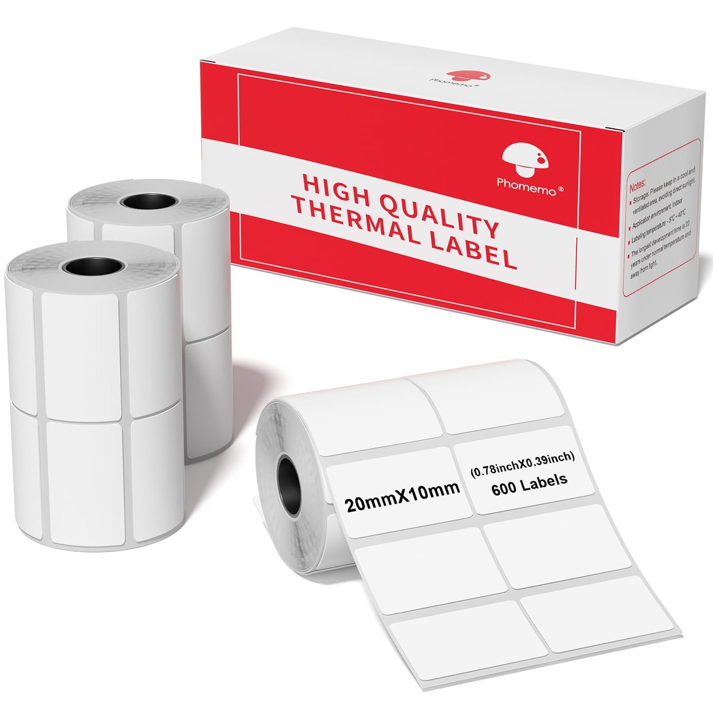 Phomemo M110/M220/M221/M200/M120/M100/M108/M150/M250/M260 Self-Adhesive Labels, 3 Rolls 0.78" x 0.39" (20x10 mm) Thermal Label Paper for Phomemo Label Maker. 600 labels per roll.