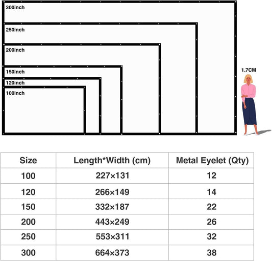 Projector Screen Large 150 Inch 16:9 Portable for Projector - Support Projection Washable - Screen for HD Full HD Home Cinema 3D or 4K Outdoor 332x187cm