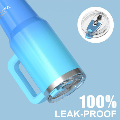 WATERSY 30oz Coffee Cup to Go, Double-Walled Stainless Steel Vacuum Insulated Leak-Proof Travel Mug with Handle and Straw, Thermo Tumbler Deux Shiny Blue