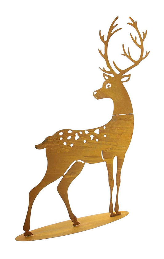 Passionate deco with a large metal stag in rust design, suitable for indoor and outdoor use. Perfect for garden decoration as a rusty figurine.